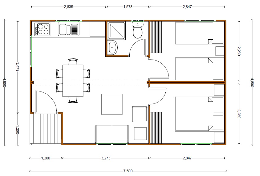 Plano casa de madera 36 m2