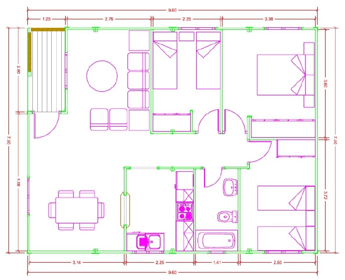 Plano casa de madera de 74 m2