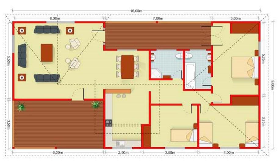 Plano casa de madera de 144 m2