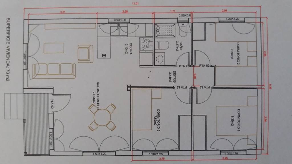Plano de casa de 70m2 y 3 habitaciones